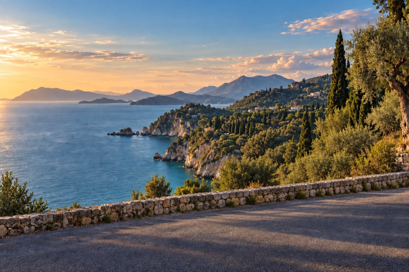 An illustrative Ionian coastal scene at sunset